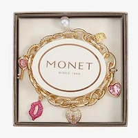 Monet Jewelry Gold Tone Pad Lock Womens Pink Glass Simulated Pearl Heart Keys Charm Bracelet