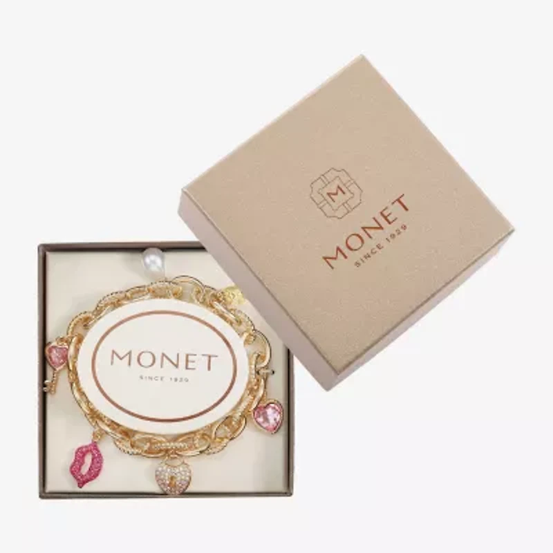 Monet Jewelry Gold Tone Pad Lock Womens Pink Glass Simulated Pearl Heart Keys Charm Bracelet