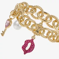 Monet Jewelry Gold Tone Pad Lock Womens Pink Glass Simulated Pearl Heart Keys Charm Bracelet