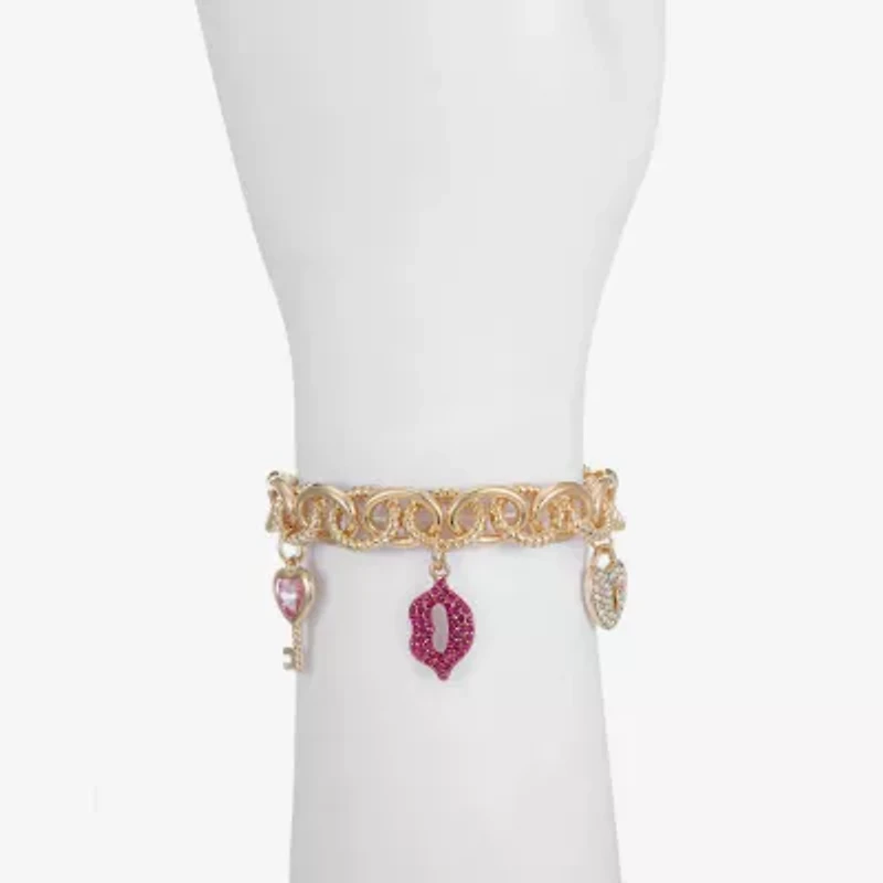 Monet Jewelry Gold Tone Pad Lock Womens Pink Glass Simulated Pearl Heart Keys Charm Bracelet