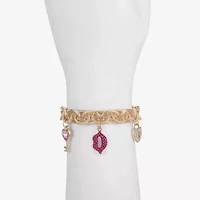 Monet Jewelry Gold Tone Pad Lock Womens Pink Glass Simulated Pearl Heart Keys Charm Bracelet