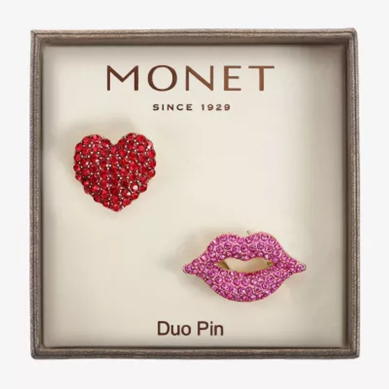 Monet Jewelry Gold Tone Lips Kiss Pink Glass Pin