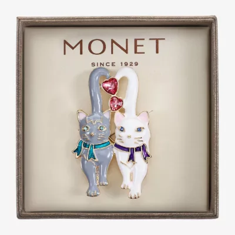 Monet Jewelry Gold Tone Cats Pink Glass Pin