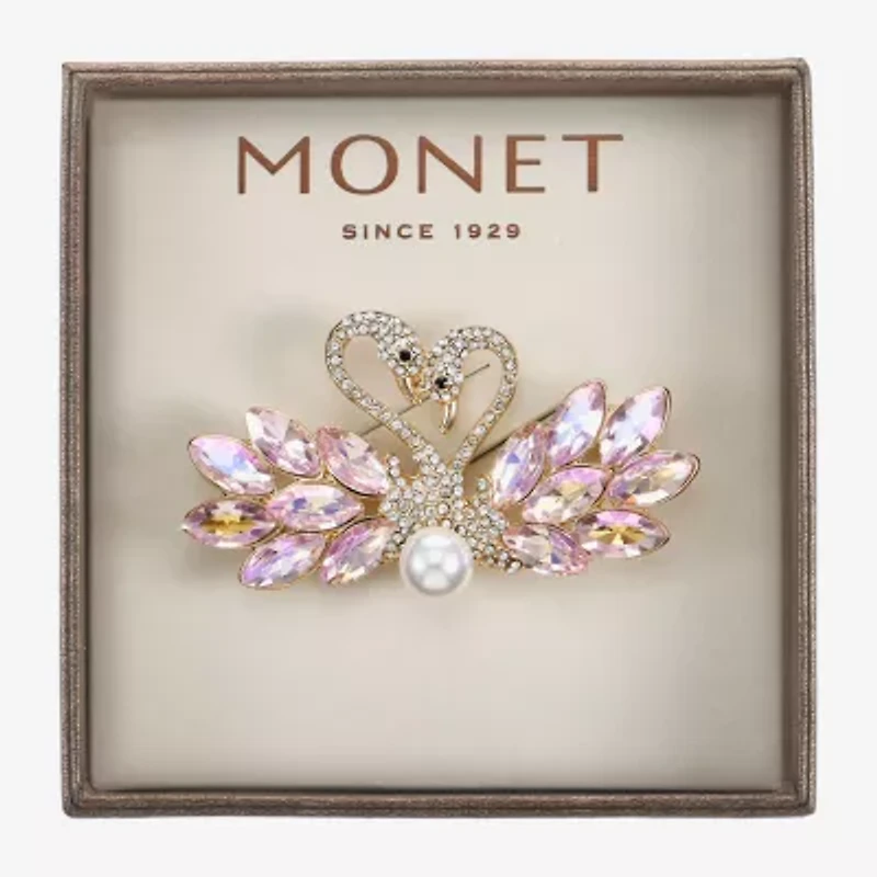 Monet Jewelry Gold Tone Swan Pink Glass Pin