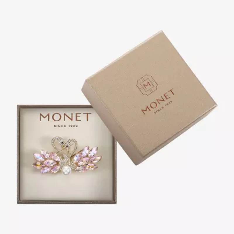 Monet Jewelry Gold Tone Swan Pink Glass Pin