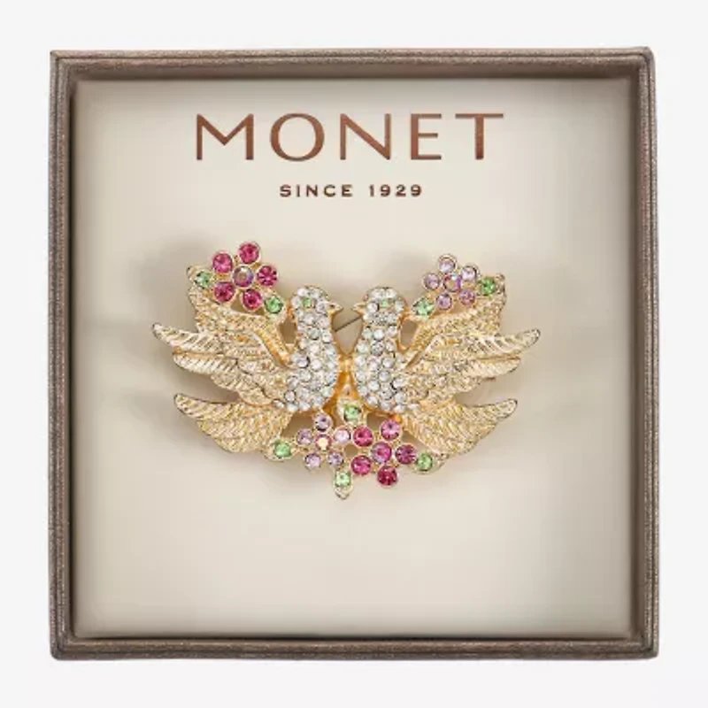 Monet Jewelry Gold Tone Lovebirds Multi Color Glass Pin