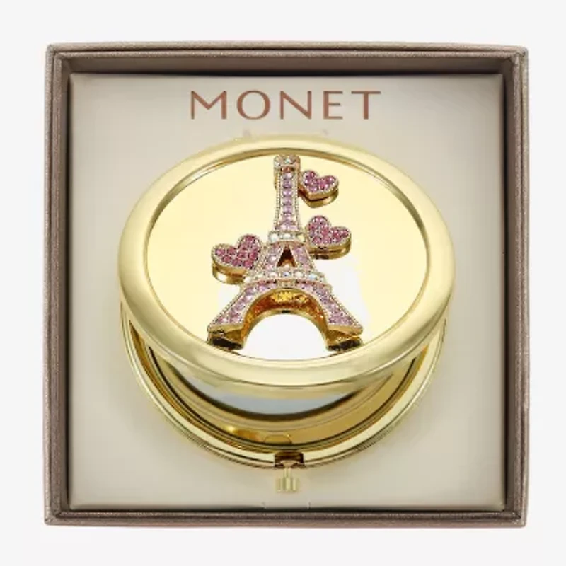Monet Jewelry Gold Tone Pink Eiffel Tower Gold Tone Heart Compact Mirror