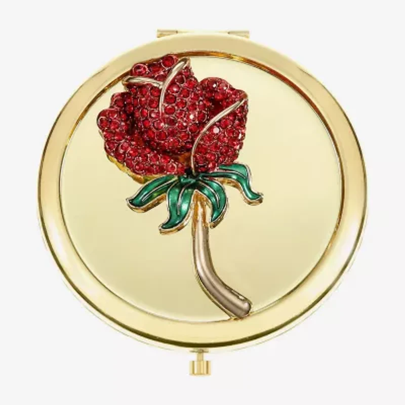 Monet Jewelry Gold Tone Red Rose Gold Tone Flower Compact Mirror