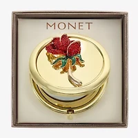 Monet Jewelry Gold Tone Red Rose Gold Tone Flower Compact Mirror