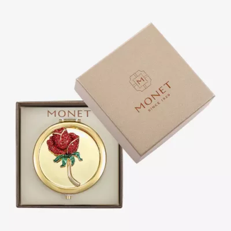 Monet Jewelry Gold Tone Red Rose Gold Tone Flower Compact Mirror