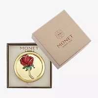Monet Jewelry Gold Tone Red Rose Gold Tone Flower Compact Mirror