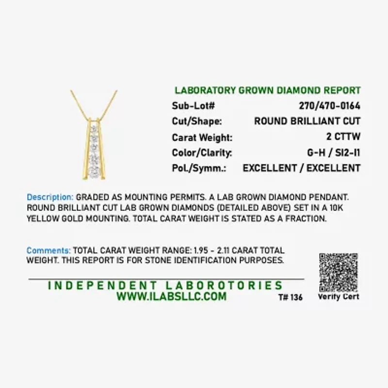 (G-H, Si2-I1) Womens 2 CT. T.W. Lab Grown White Diamond 10K Gold 18 Inch Pendant Necklace