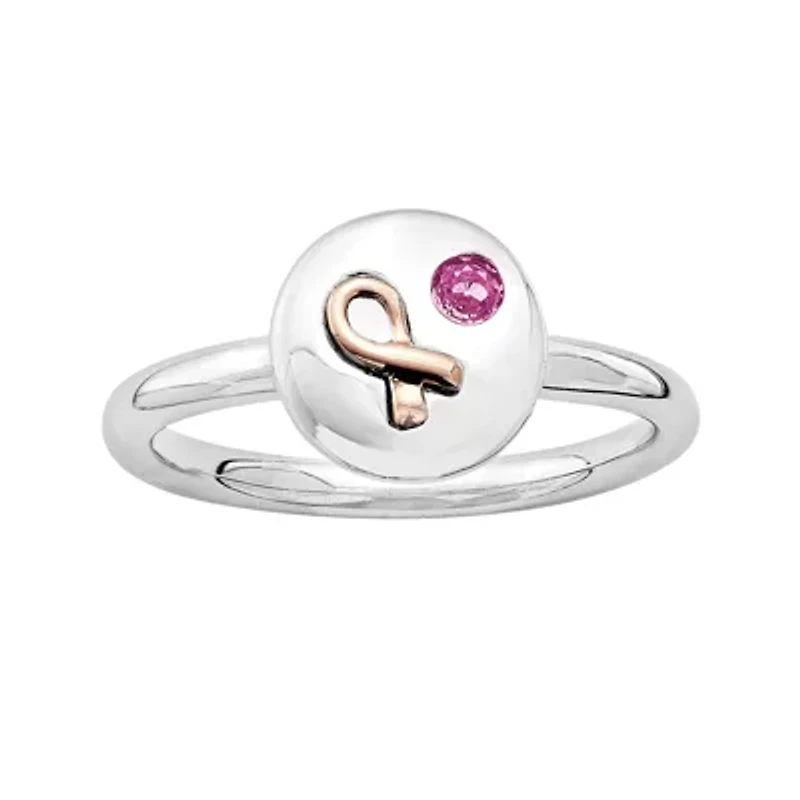 Personally Stackable Genuine Pink Sapphire Two-Tone Awareness Ribbon Disc Ring