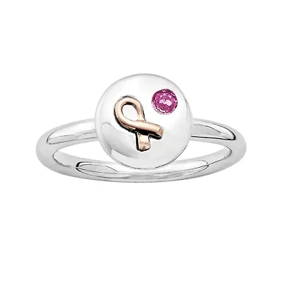 Personally Stackable Genuine Pink Sapphire Two-Tone Awareness Ribbon Disc Ring