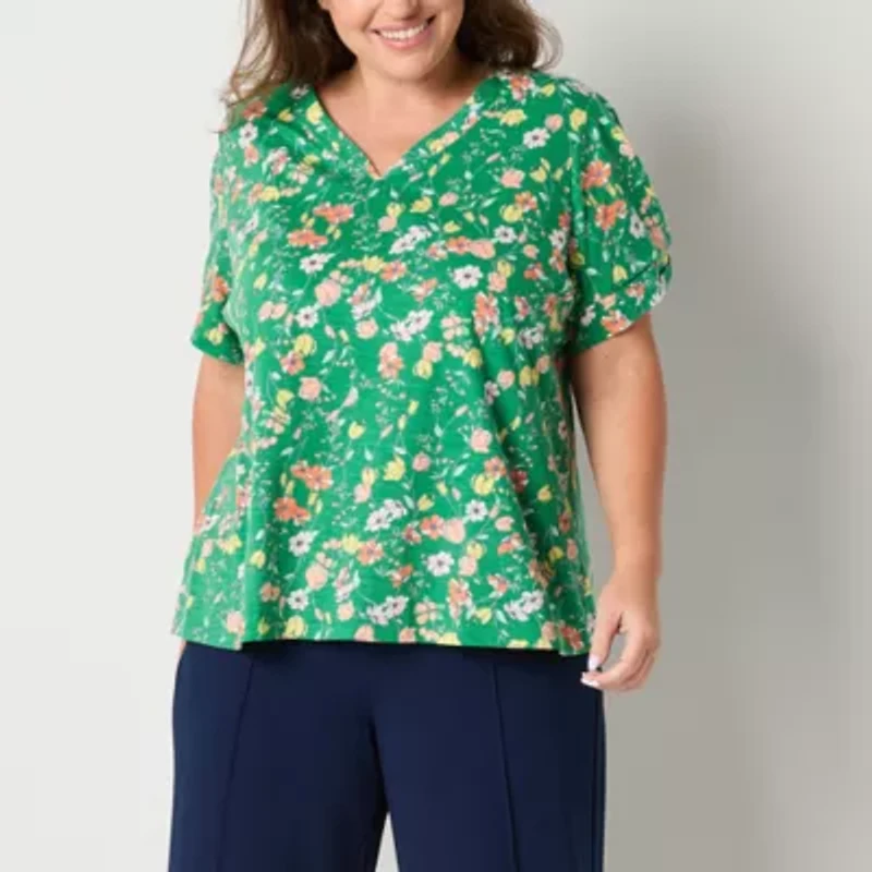 Liz Claiborne Womens V Neck Short Sleeve Plus Blouse