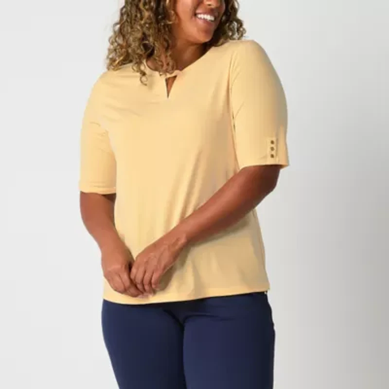 Liz Claiborne Womens Keyhole Neck Elbow Sleeve Blouse