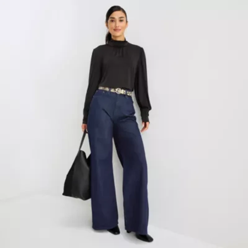 Worthington Womens Mock Neck Long Sleeve Blouse