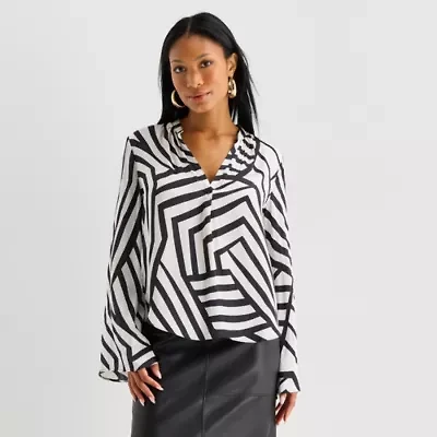 Worthington Womens Henley Neck Long Sleeve Satin Blouse