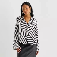 Worthington Womens Henley Neck Long Sleeve Satin Blouse