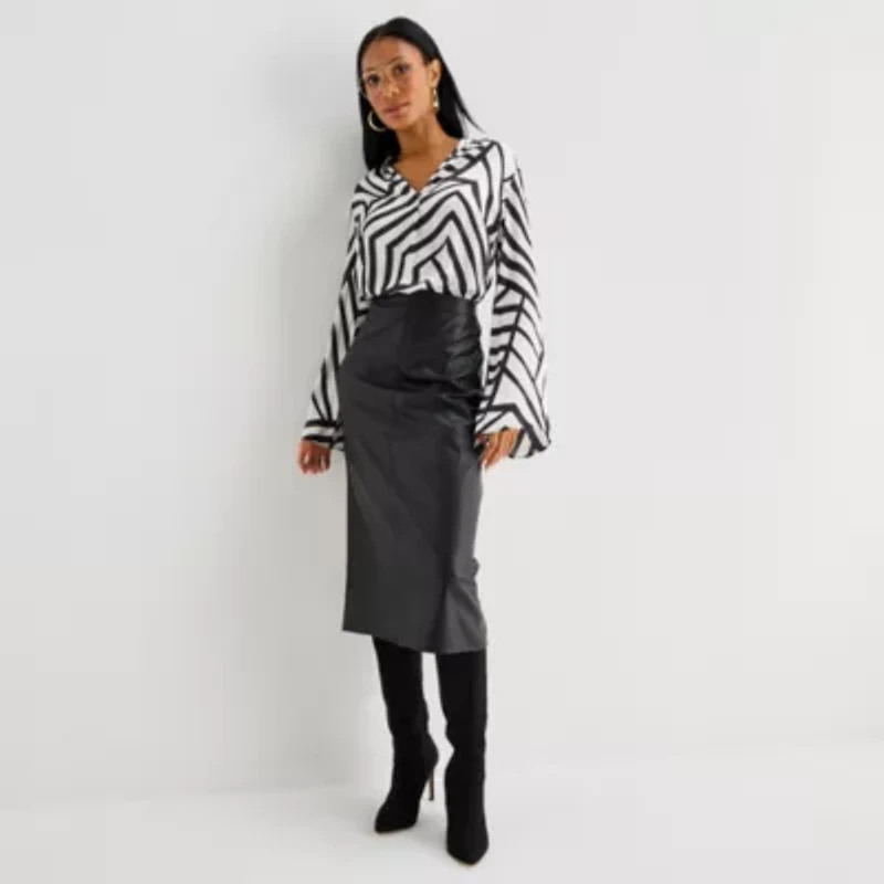 Worthington Womens Henley Neck Long Sleeve Satin Blouse