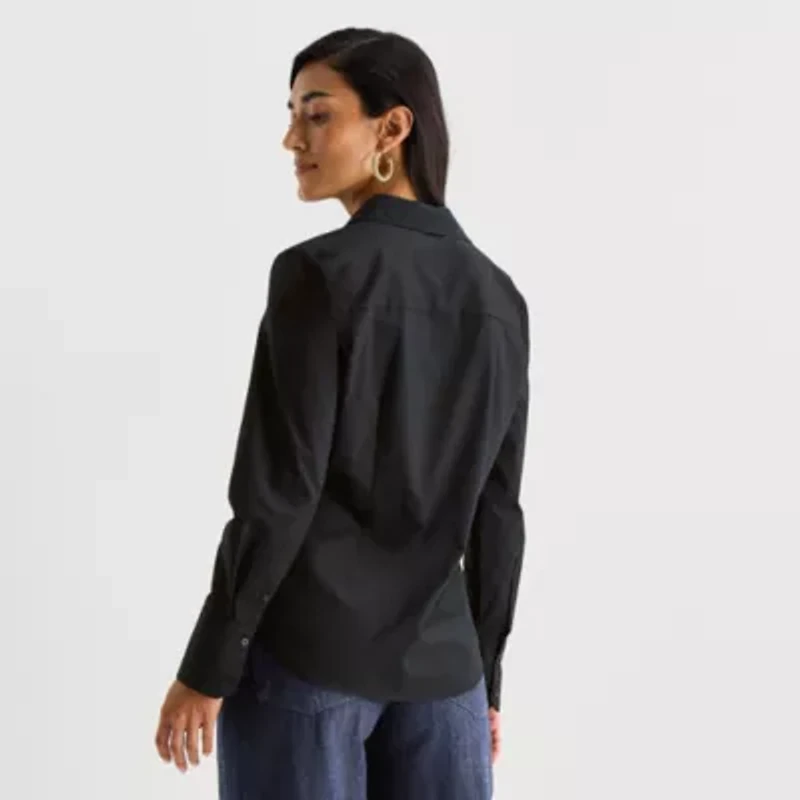 Worthington Womens Cuffed Long Sleeve Regular Fit Poplin Button-Down Shirt
