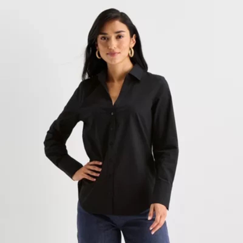 Worthington Womens Cuffed Long Sleeve Regular Fit Poplin Button-Down Shirt