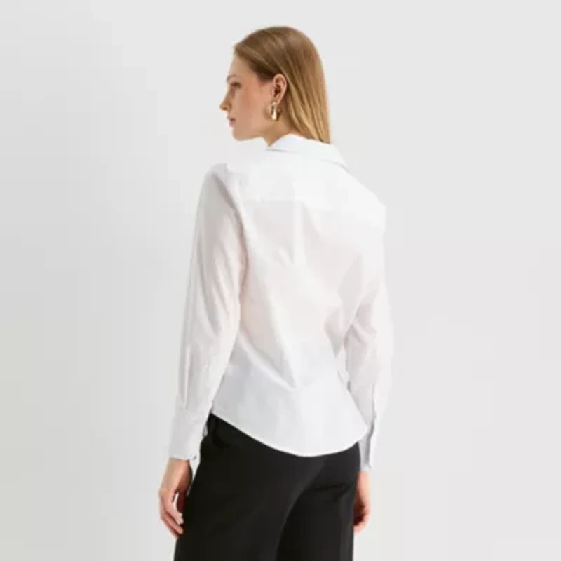 Worthington Womens Cuffed Long Sleeve Regular Fit Poplin Button-Down Shirt