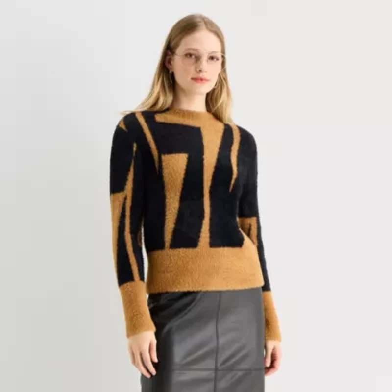 Worthington Womens Mock Neck Long Sleeve Geometric Pullover Sweater