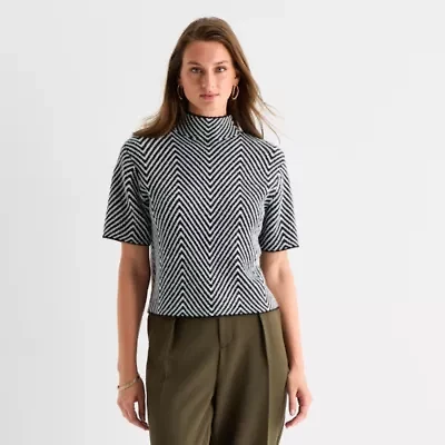 Worthington Womens Mock Neck Short Sleeve Pullover Sweater
