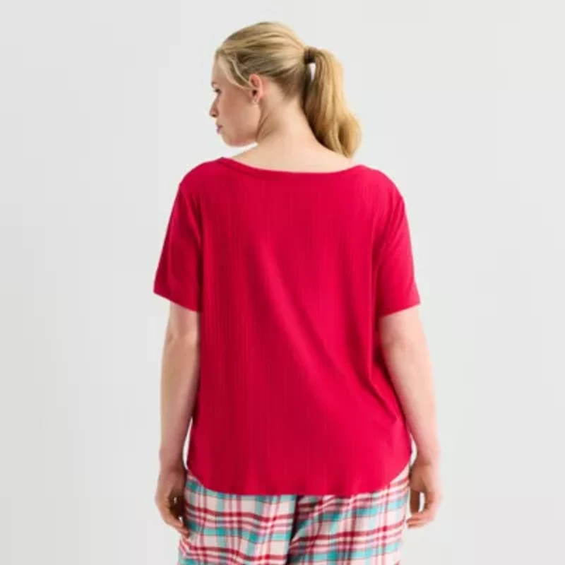 Sleep Chic Womens Rib Round Neck Short Sleeve Plus Pajama Top