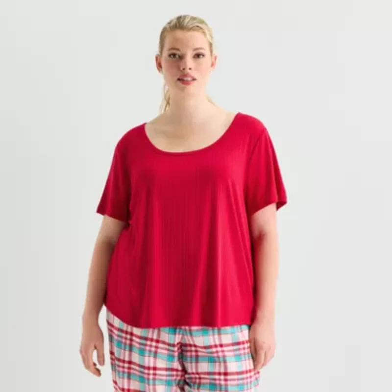 Sleep Chic Womens Rib Round Neck Short Sleeve Plus Pajama Top