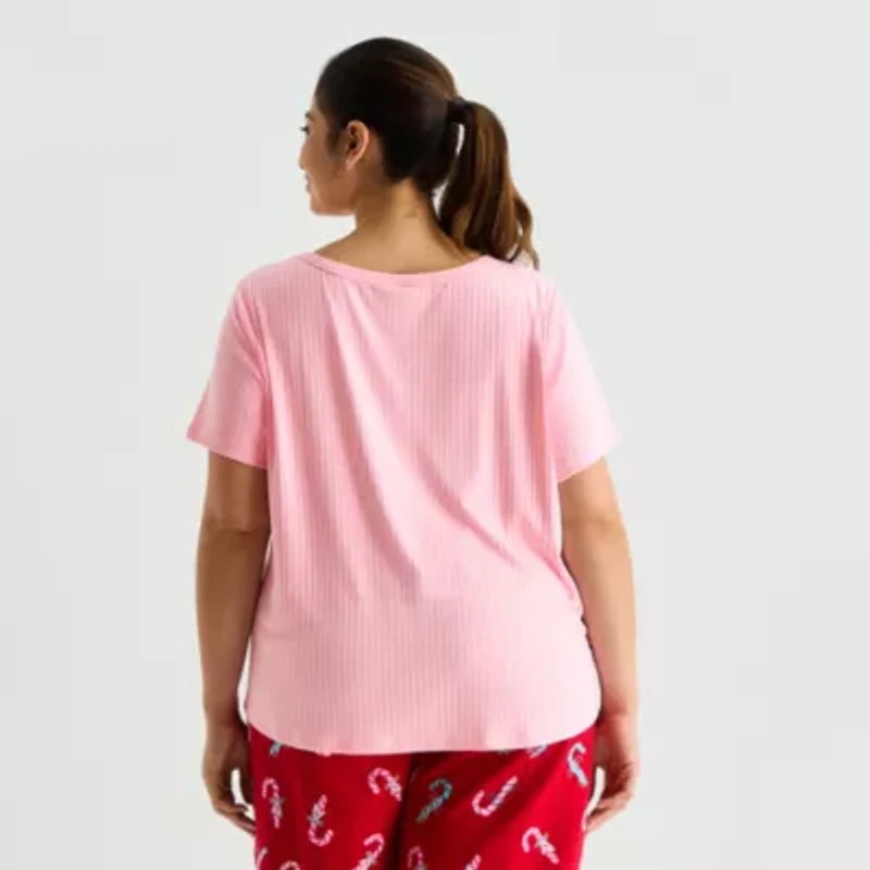 Sleep Chic Womens Rib Round Neck Short Sleeve Plus Pajama Top