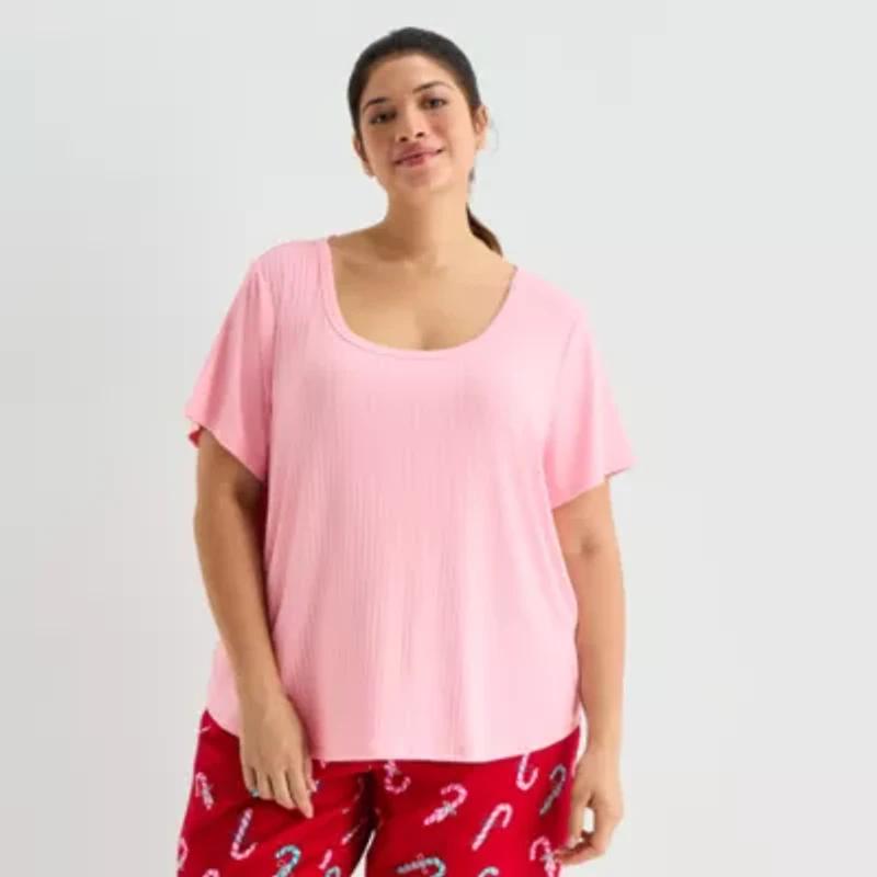 Sleep Chic Womens Rib Round Neck Short Sleeve Plus Pajama Top