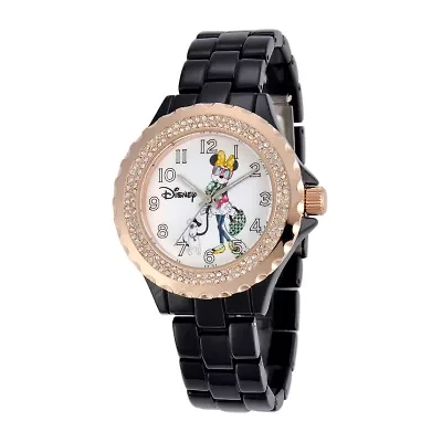 Disney Minnie Mouse Womens Black & Rose-Tone Watch with Crystals