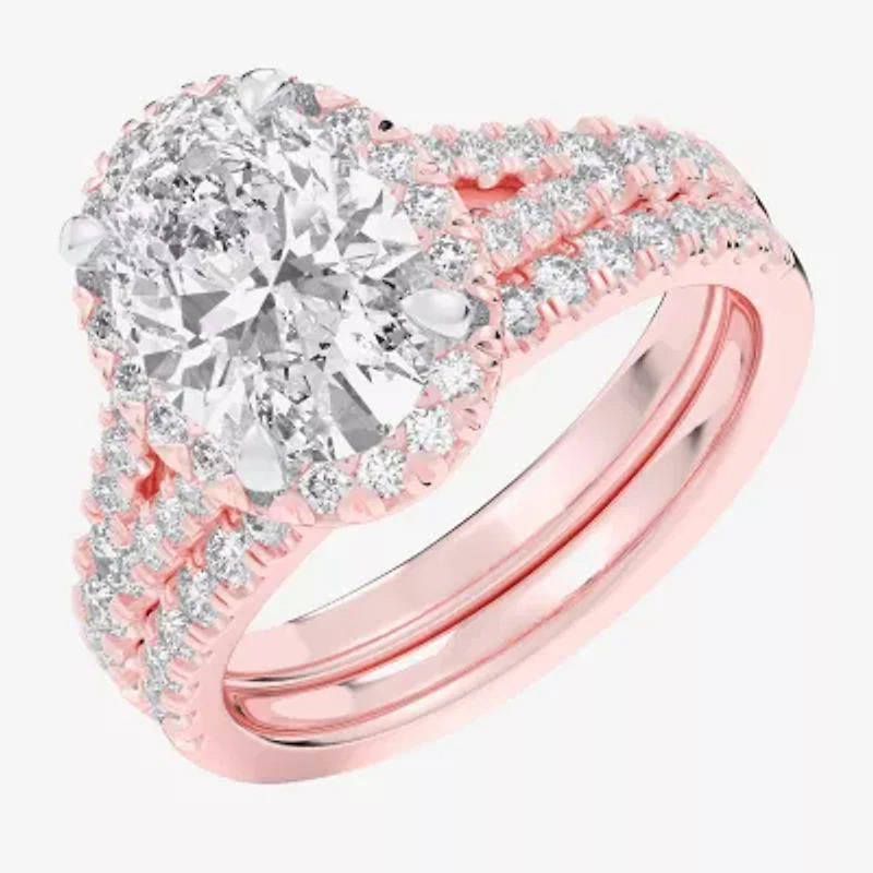 (G-H / Si1-Si2) Womens 4 CT. T.W. Lab Grown White Diamond 14K Gold Oval Side Stone Halo Bridal Set