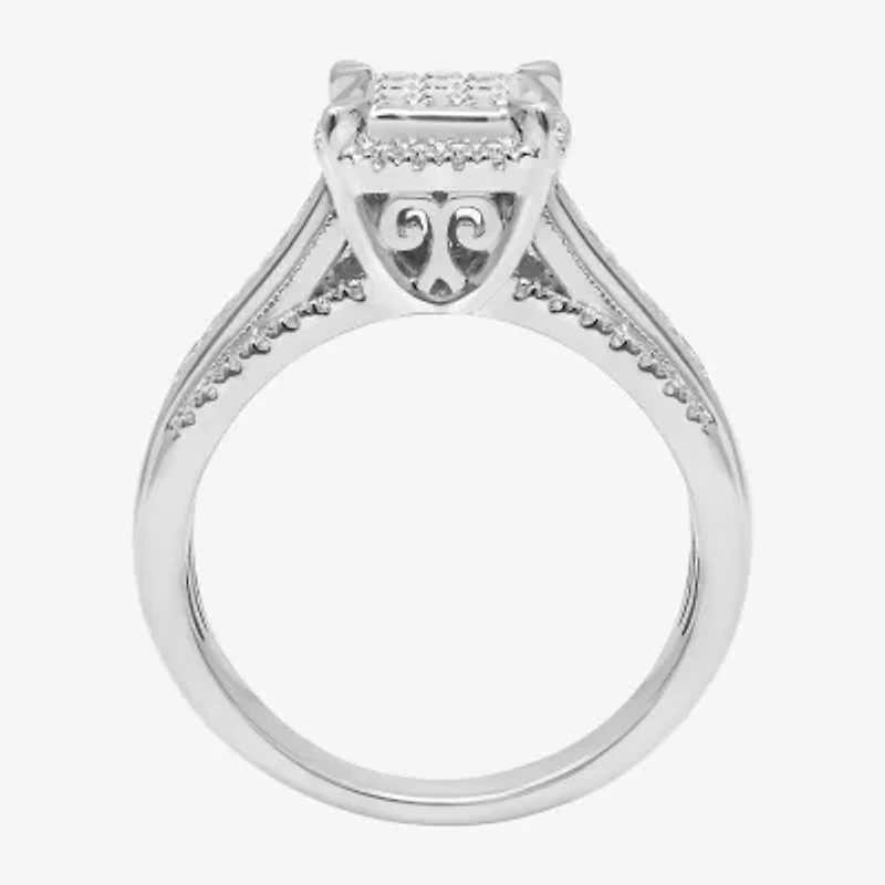 1/2 CT.T.W. Natural Diamond Cushion Shape Side Stone Halo Engagement Ring 10K or 14K Gold