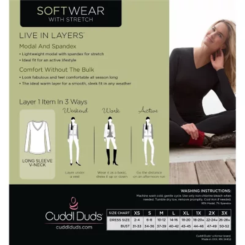 Cuddl Duds Womens Softwear V-Neck-Plus V Neck Long Sleeve Thermal Shirt