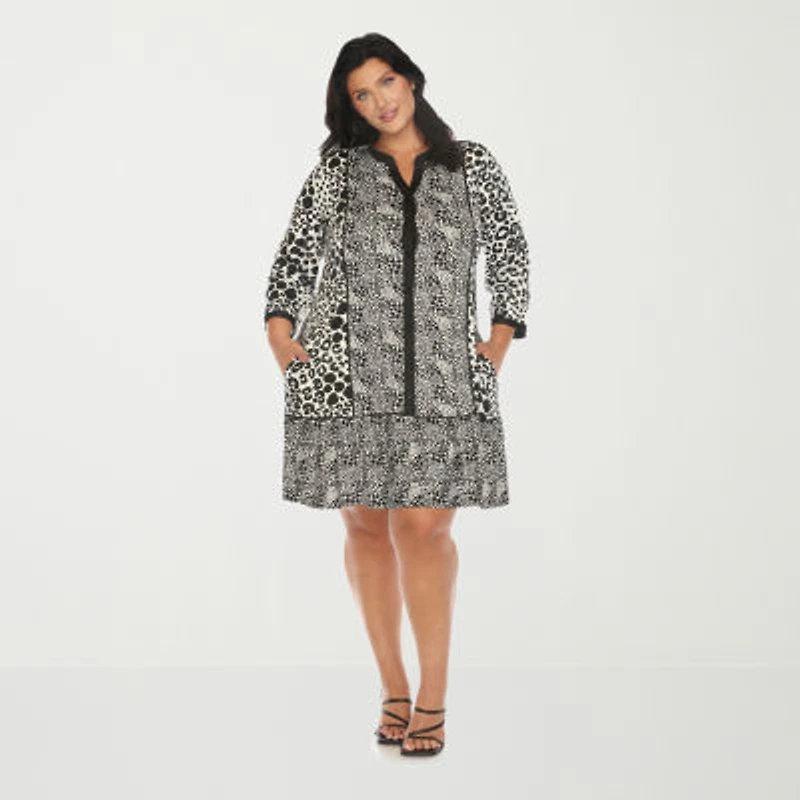White Mark Womens Plus 3/4 Sleeve Animal Shift Dress