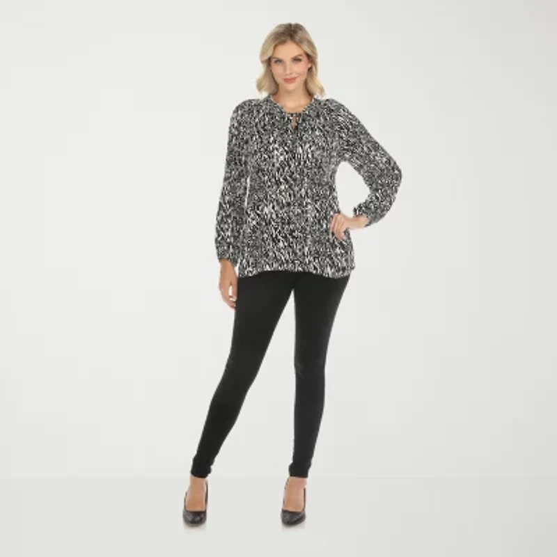 White Mark Womens Split Tie Neck Long Sleeve Wrinkle Resistant Peasant Top
