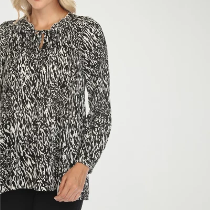 White Mark Womens Split Tie Neck Long Sleeve Wrinkle Resistant Peasant Top