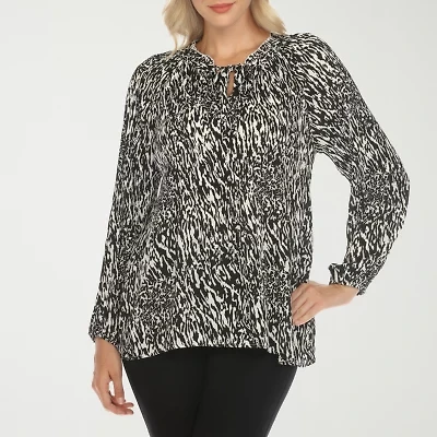 White Mark Womens Split Tie Neck Long Sleeve Wrinkle Resistant Peasant Top