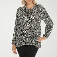 White Mark Womens Split Tie Neck Long Sleeve Wrinkle Resistant Peasant Top
