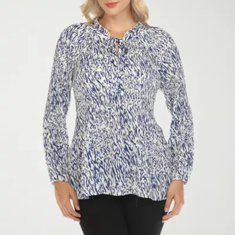 White Mark Womens Split Tie Neck Long Sleeve Wrinkle Resistant Peasant Top