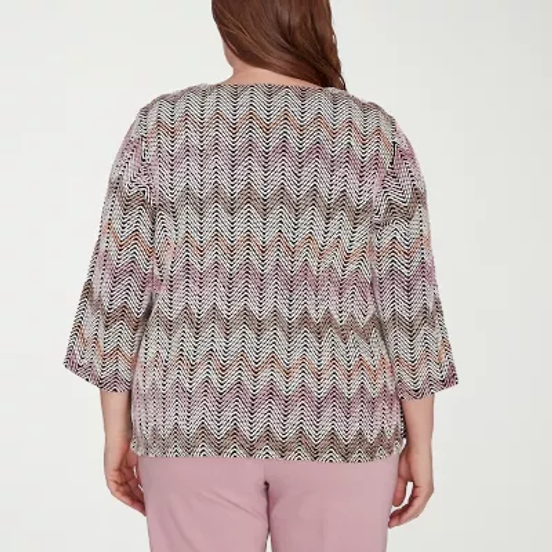 Alfred Dunner Telluride Womens Split Crew Neck 3/4 Sleeve Plus T-Shirt