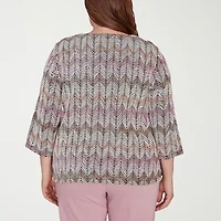 Alfred Dunner Telluride Womens Split Crew Neck 3/4 Sleeve Plus T-Shirt