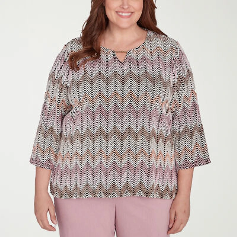 Alfred Dunner Telluride Womens Split Crew Neck 3/4 Sleeve Plus T-Shirt