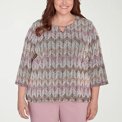 Alfred Dunner Telluride Womens Split Crew Neck 3/4 Sleeve Plus T-Shirt
