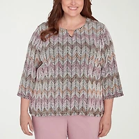 Alfred Dunner Telluride Womens Split Crew Neck 3/4 Sleeve Plus T-Shirt
