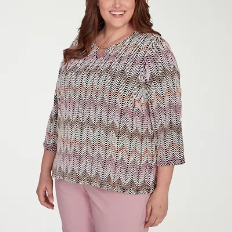 Alfred Dunner Telluride Womens Split Crew Neck 3/4 Sleeve Plus T-Shirt