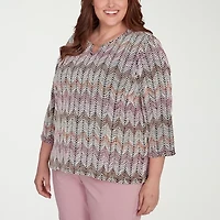 Alfred Dunner Telluride Womens Split Crew Neck 3/4 Sleeve Plus T-Shirt